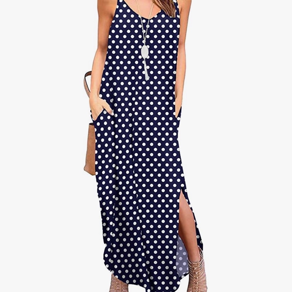 Navy blue and white polka dot loose maxi dress floor length summer sundress maxi